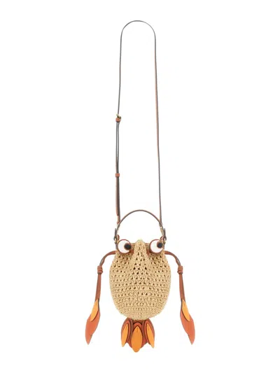 Anya Hindmarch Goldfish Leather-trimmed Embroidered Raffia Shoulder Bag In Beige