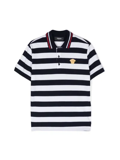 Versace Kids' Nautical Stripe Cotton Polo Shirt In Blue