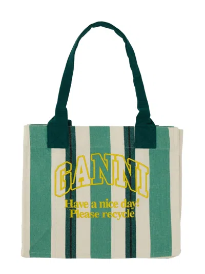 Ganni Canvas Tote Bag In Green