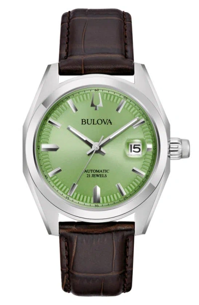 Bulova Men's Automatic Surveyor Brown Leather Strap Watch 39mm