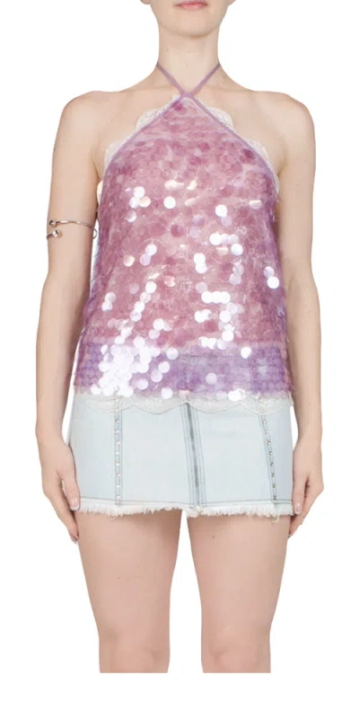Siedres Negy Cropped Lace-trimmed Sequined Stretch-tulle Halterneck Top In Purple