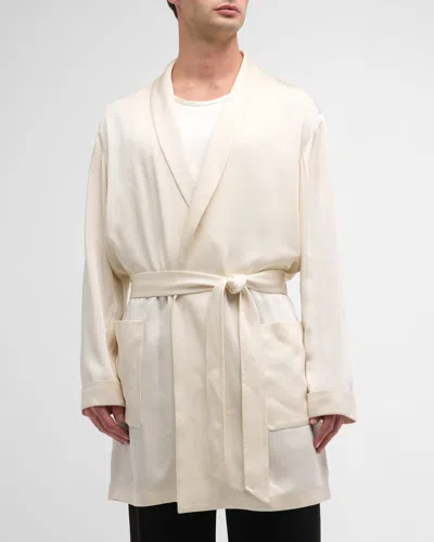 Saint Laurent Men's Short Satin Dressing Gown In Cream