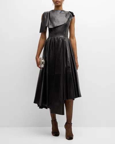 Salon 1884 Cela Asymmetric Leather Sleeveless Midi Dress In Black