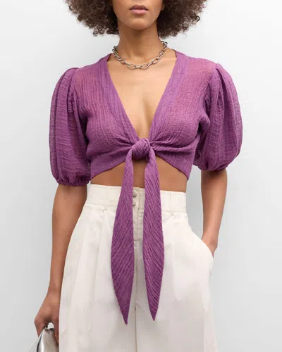 Lisa Marie Fernandez + Net Sustain Pouf Cropped Tie-front Linen-blend Gauze Top In Purple