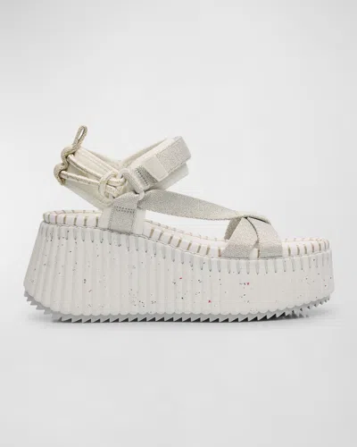 Chloé Nama Stitch Ankle-strap Flatform Sandals In 9dl Silver