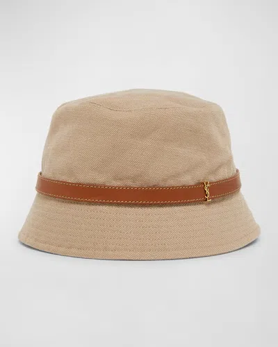 Saint Laurent Canvas Bucket Hat With A Ysl Leather Band In 9765 Beige Light