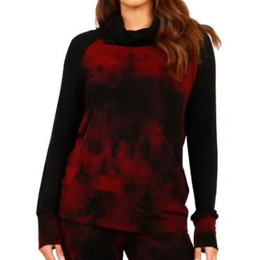 French Kyss Marble Wash Color Block Turtleneck Top In Sangria In Red