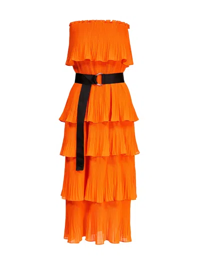 Essentiel Antwerp Women Dewave Ha07 Pleated Ruffle Strapless Midi Dress In Orange