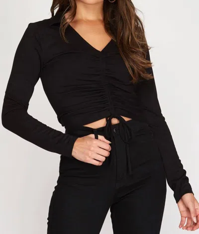 She + Sky Collared Drawstring Front Top In Black