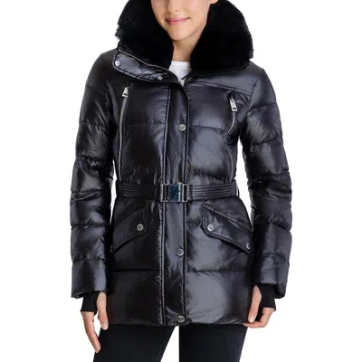 Michael Kors Belted Faux Fur Collar Quilted Coat Jacket In Black