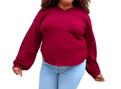 Very J Gianna Textured Solid V-neck Comfy Knit Top In Red
