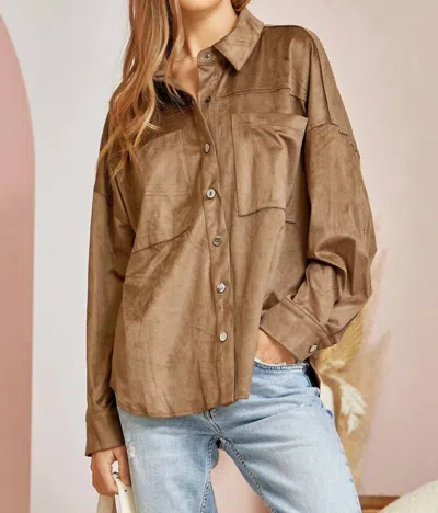Andree By Unit Suede Button-down Shirt In Olive Brown