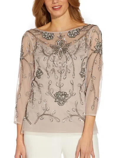Adrianna Papell Womens Hand-beaded Illusion Blouse In Grey