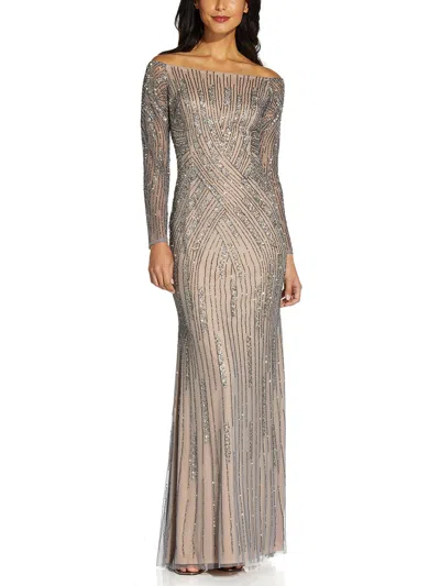 Adrianna Papell Womens Beaded Off-the-shoulder Evening Dress In Silver