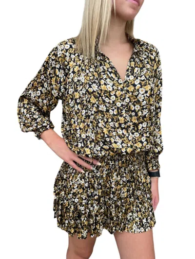 Current Air Floral Pleated Mini Dress In Black/yellow In Multi
