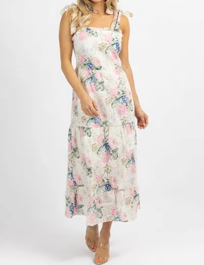 Sundayup Floral Embroidered Tie Strap Midi Dress In White + Pink In Beige