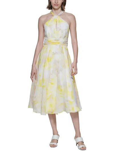Calvin Klein Womens Printed Tea Length Halter Dress In Yellow