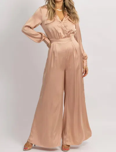 Strut & Bolt Satin Longsleeve Wide Leg Jumpsuit In Nude In Beige