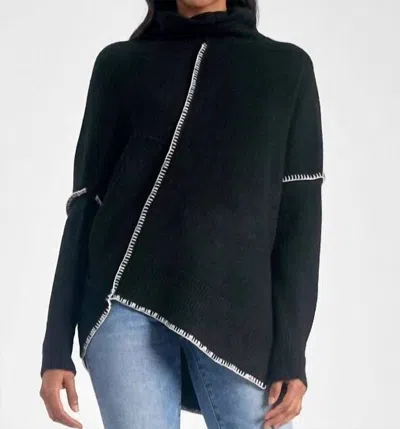 Elan Oversized Stitched Asymmetrical Turtleneck Sweater In Black