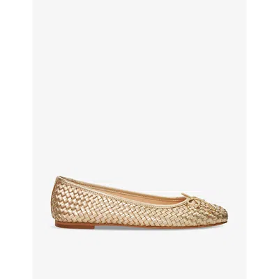 Dune Womens Gold-leather Heights Bow-embellished Woven Leather Ballet Flats