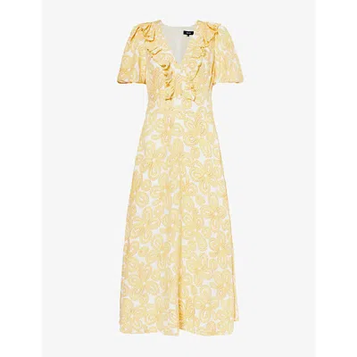Me And Em Ruffle-trim Floral-pattern Woven Midi Dress In Light Cream/yellow/r