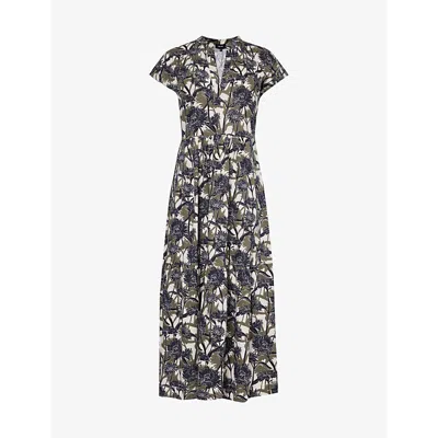 Me And Em Aster Printed Cotton Maxi Dress In Cream/navy/khaki