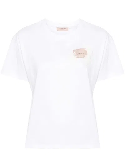 Twinset Oval T Floreal Cotton T-shirt In White