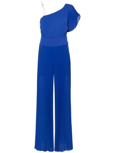 Patrizia Pepe Plissé Crepe Wide Jumpsuit In Blue