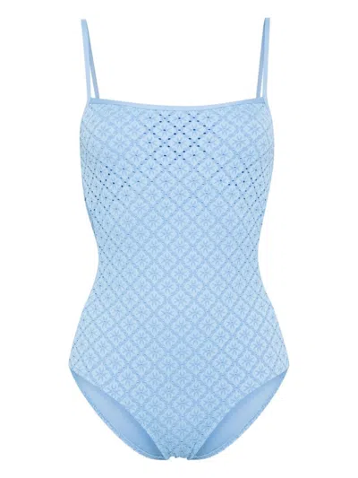 Twinset Openwork Patterned-jacquard Swimsuit In Pink