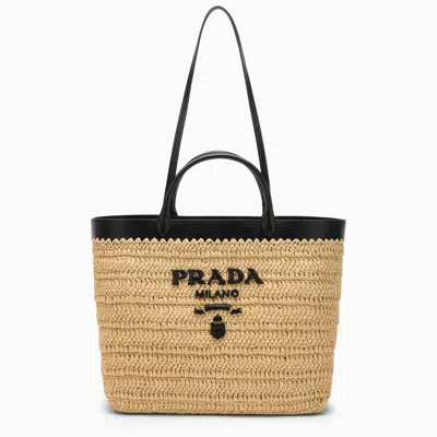 Prada Large Tote In Raffia And Black Leather With Logo In Pink