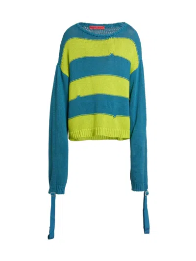 Members Of The Rage Striped Extra Long-sleeves Jumper In Petrol Green Acid Lime