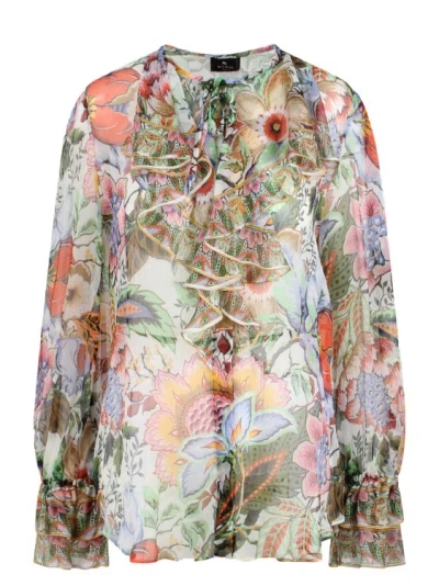 Etro Ruching Printed Silk Shirt In Multicolor