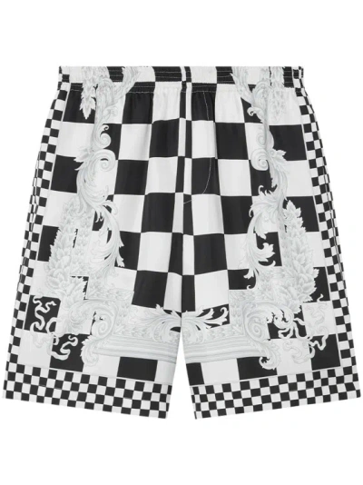 Versace Barocco-motif Checkerboard-print Swim Shorts In White