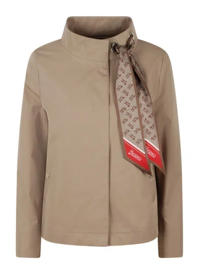 Herno Light Cotton Canvas Jacket With Scarf In Brown