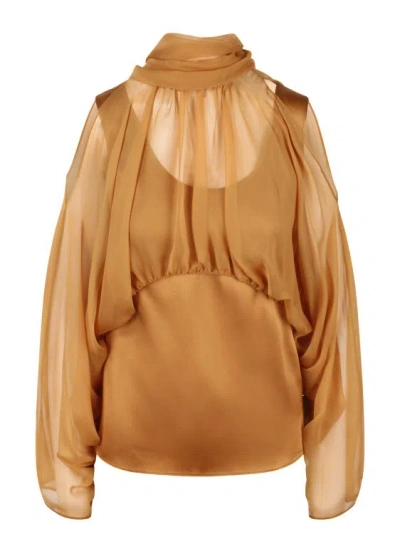 Alberta Ferretti Satin And Organza Shirt In Brown