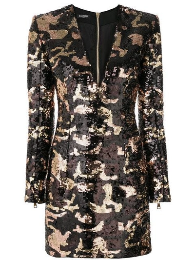 Balmain Camouflage Sequined Mini Dress In Brown/orange