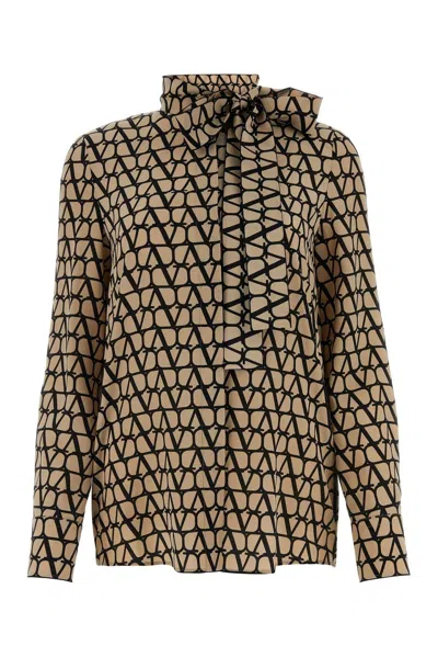 Valentino Pussy-bow Printed Silk Shirt In Beige