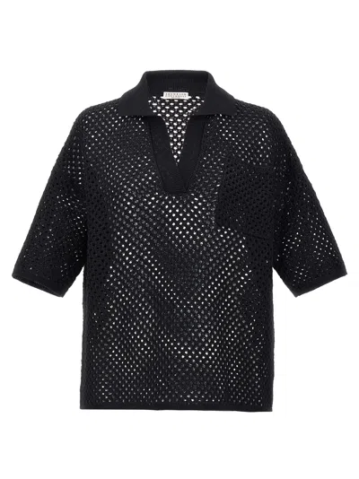 Brunello Cucinelli Openwork Fabric Polo Shirt In Black