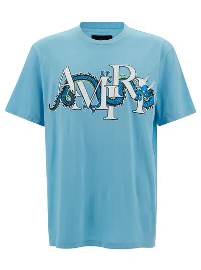 Amiri Light Blue T-shirt With Dragon Logo Print In Cotton Man