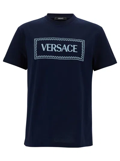 Versace Blue Crewneck T-shirt With 90s Logo Print In Cotton Man