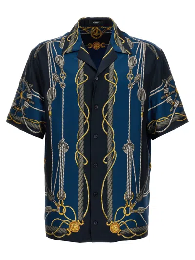 Versace Nautical-printed Short-sleeved Buttoned Shirt In Blu Navy E Oro