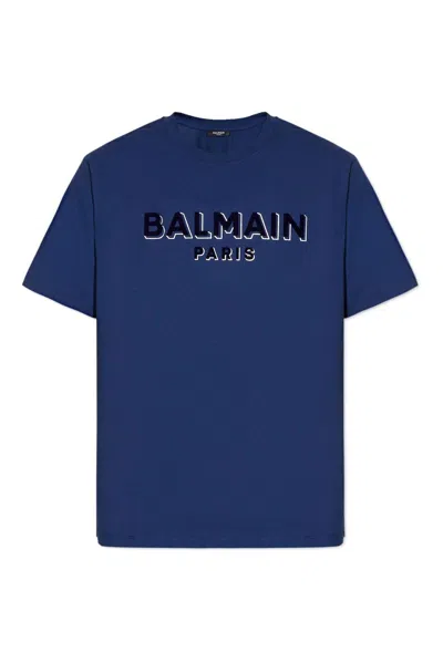Balmain Logo Printed Crewneck T-shirt In Blue
