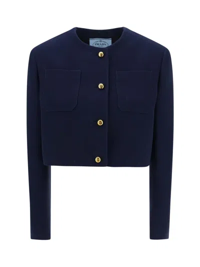 Prada Crewneck Cropped Jacket In Blue