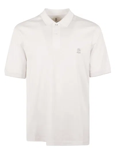Brunello Cucinelli Chest Logo Regular Polo Shirt In White/grey Chiaro
