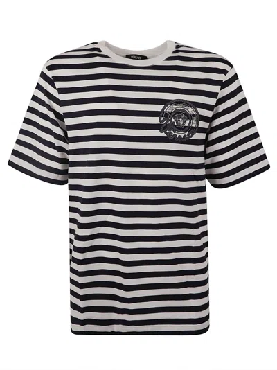 Versace T-shirt Striped Jersey Fabric + Embroidered Nautical Emblem In White/navy Blue