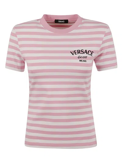 Versace Stripe Logo T-shirt In White/pale Pink/multicolor