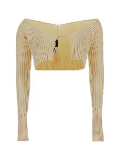 Jacquemus Logo Plaque Cropped Long Sleeve Top In Yellow