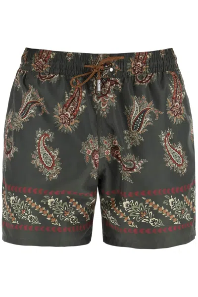 Etro Paisley-print Khaki Beach Short In Black