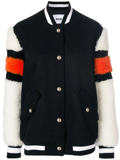 Msgm Shearling-trimmed Wool-blend Bomber Jacket In Black