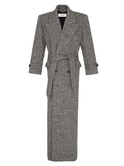 Saint Laurent Women's Oversized Coat In Chevron Wool In Noir Craie